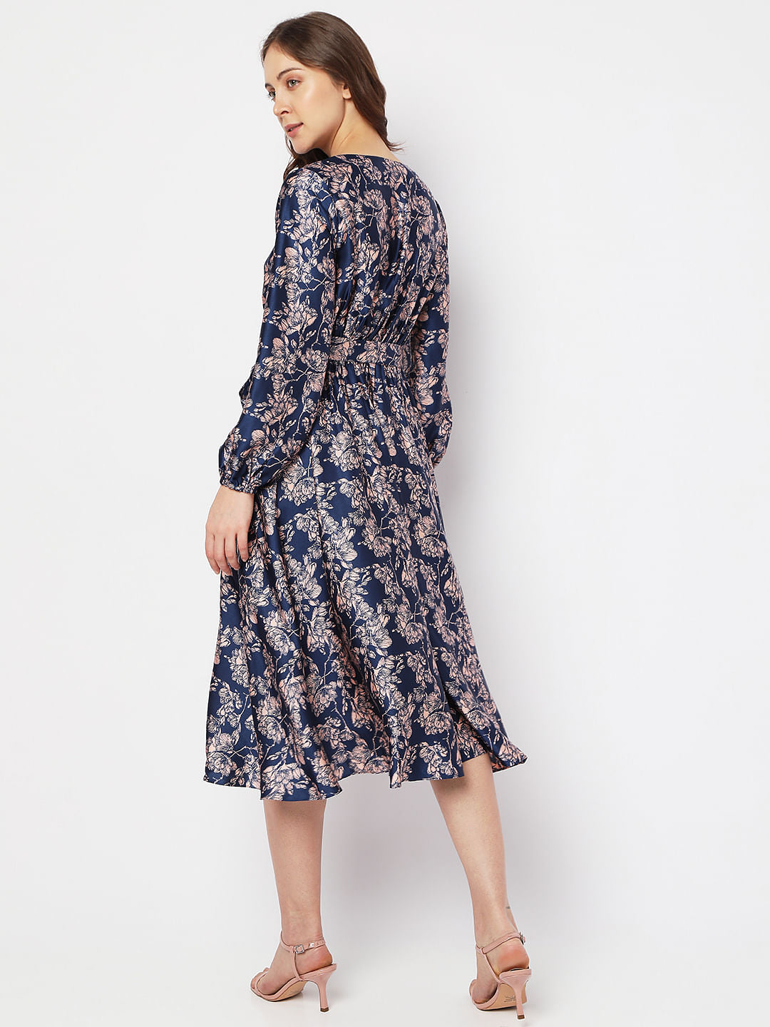 Navy Blue Printed Satin Midi Dress