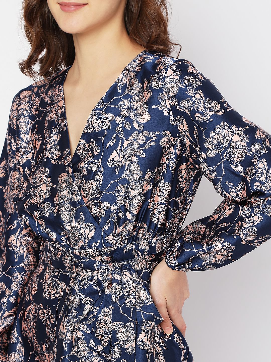 Navy Blue Printed Satin Midi Dress