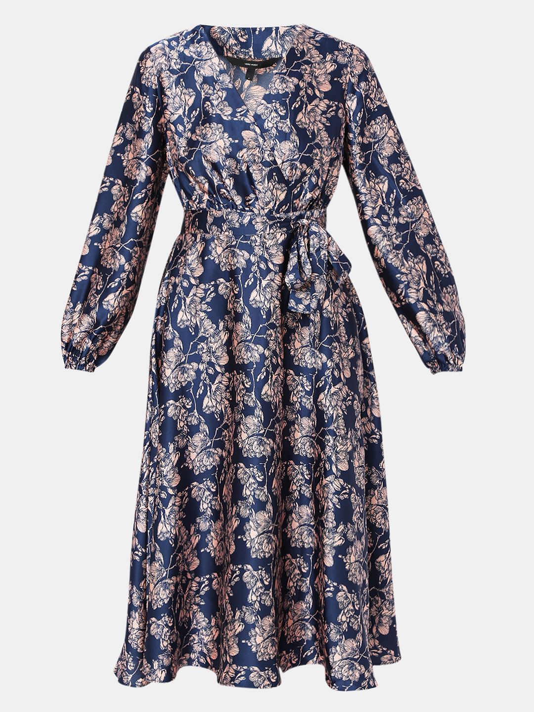 Navy Blue Printed Satin Midi Dress