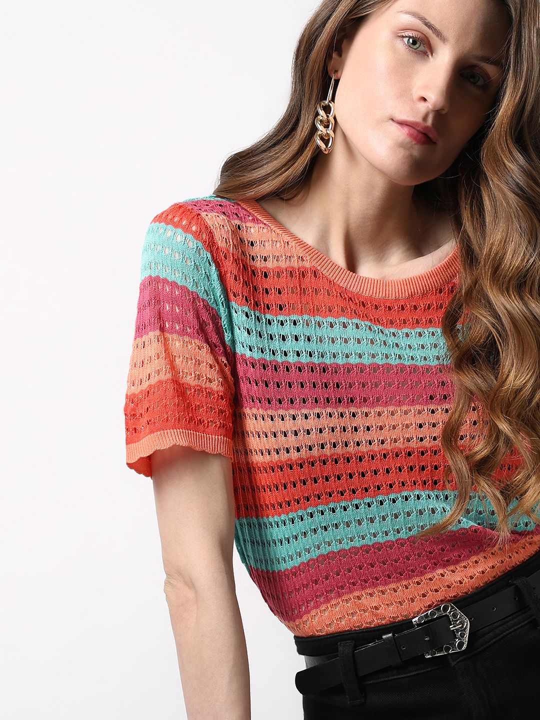 Blue Colourblocked Knit Top