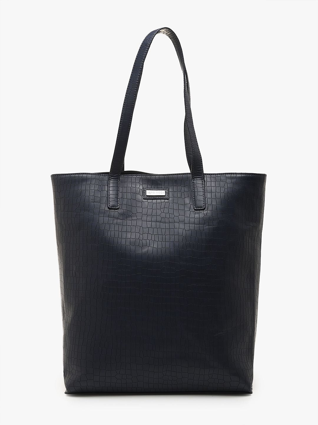 Navy Blue Faux Leather Tote Bag