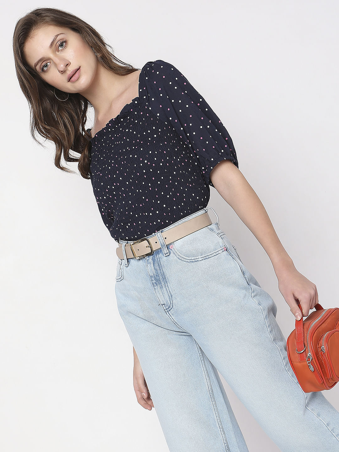 Navy Blue Printed Smocked Top