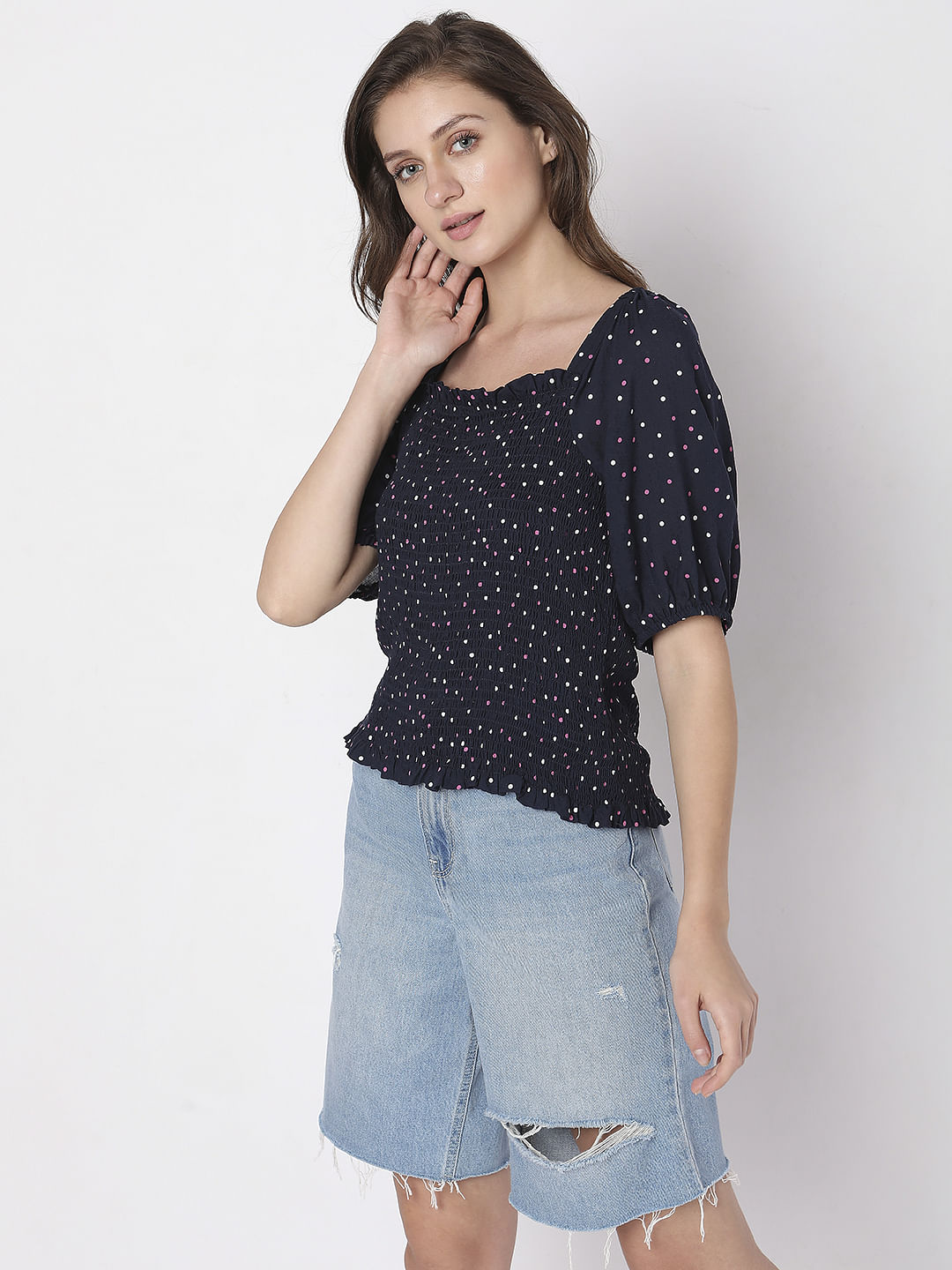 Navy Blue Printed Smocked Top
