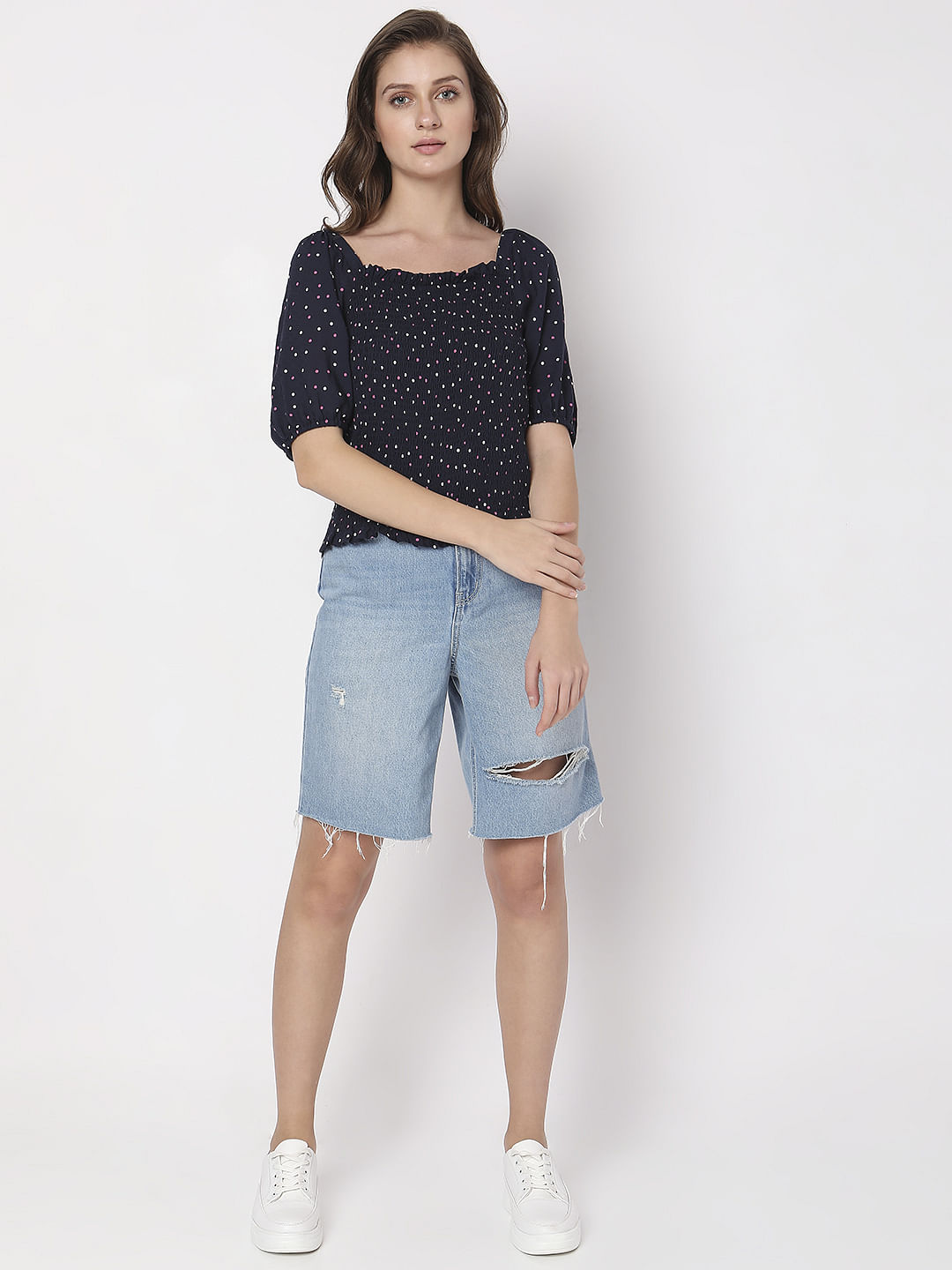 Navy Blue Printed Smocked Top