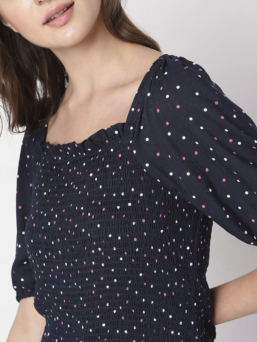 Navy Blue Printed Smocked Top