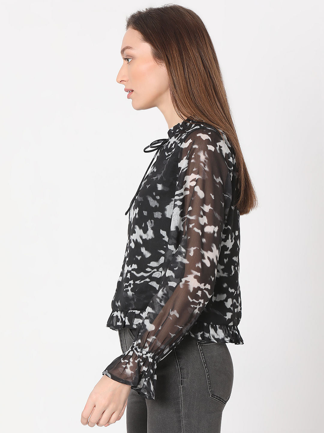Black Printed Sheer Top
