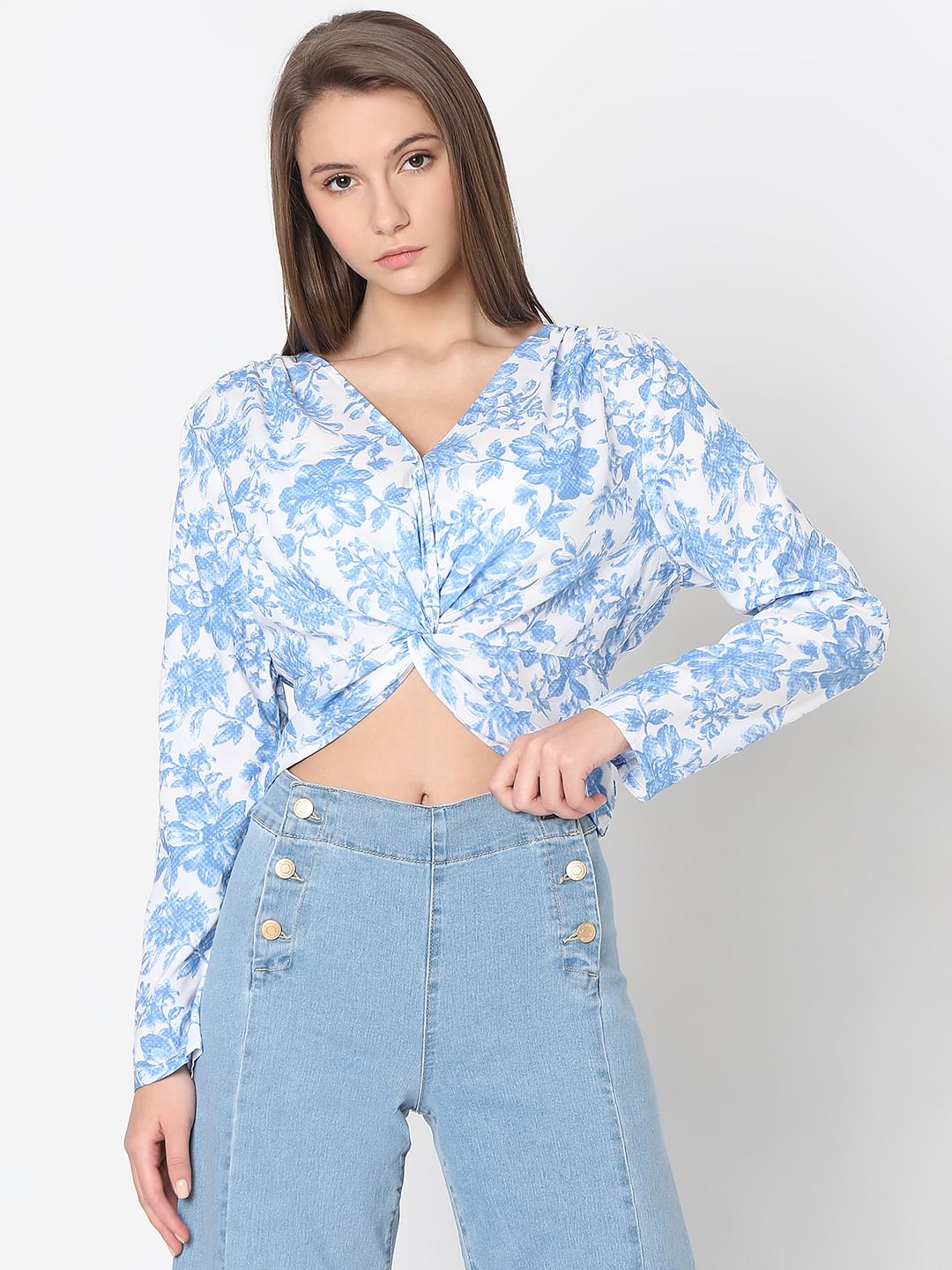 Blue & White Floral Print Cropped Top