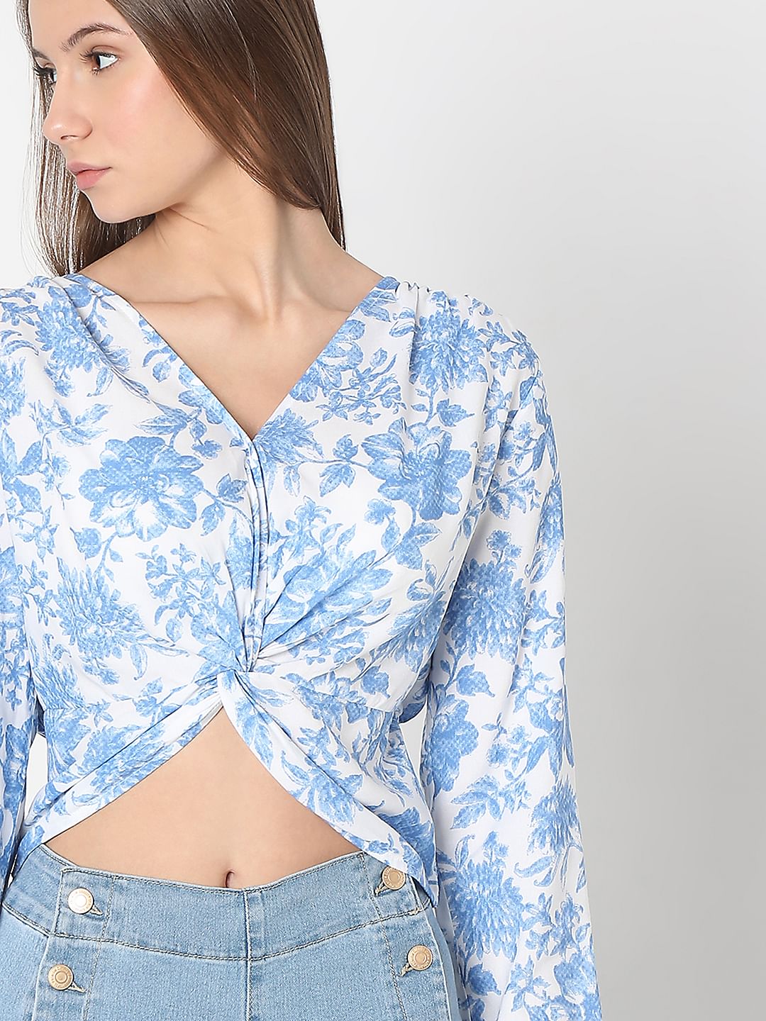 Blue & White Floral Print Cropped Top