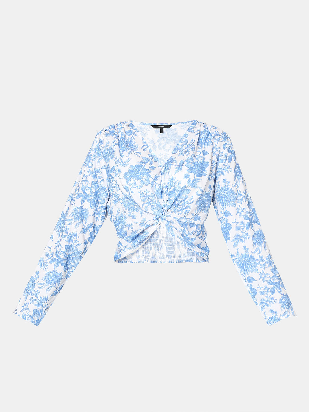 Blue & White Floral Print Cropped Top