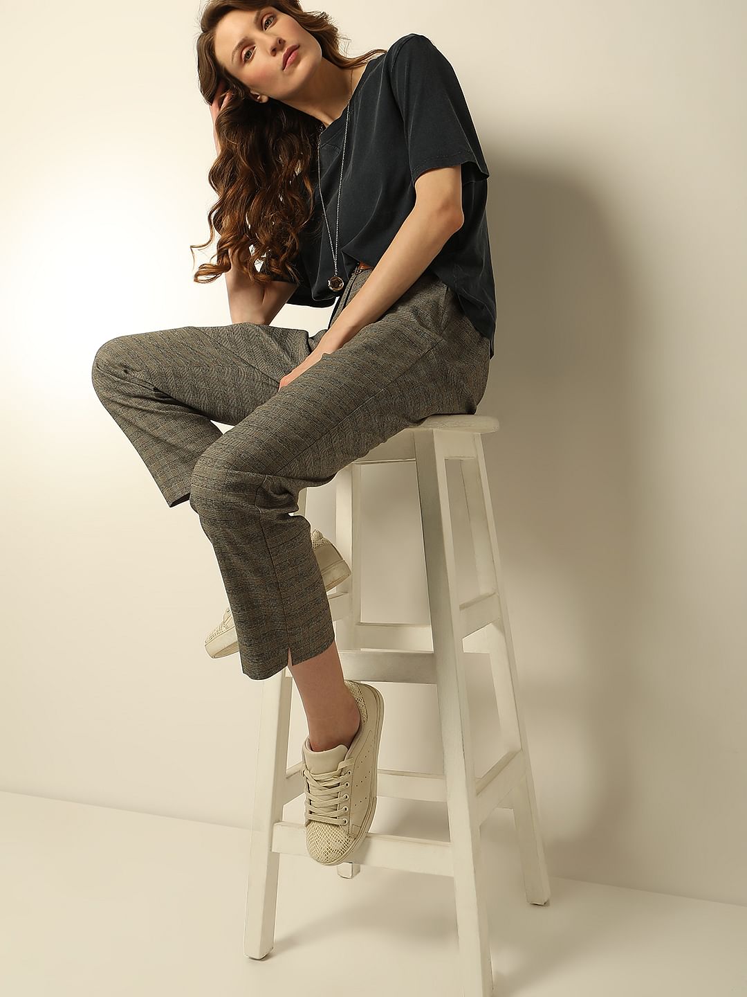 Grey & Yellow Mid Rise Check Pants