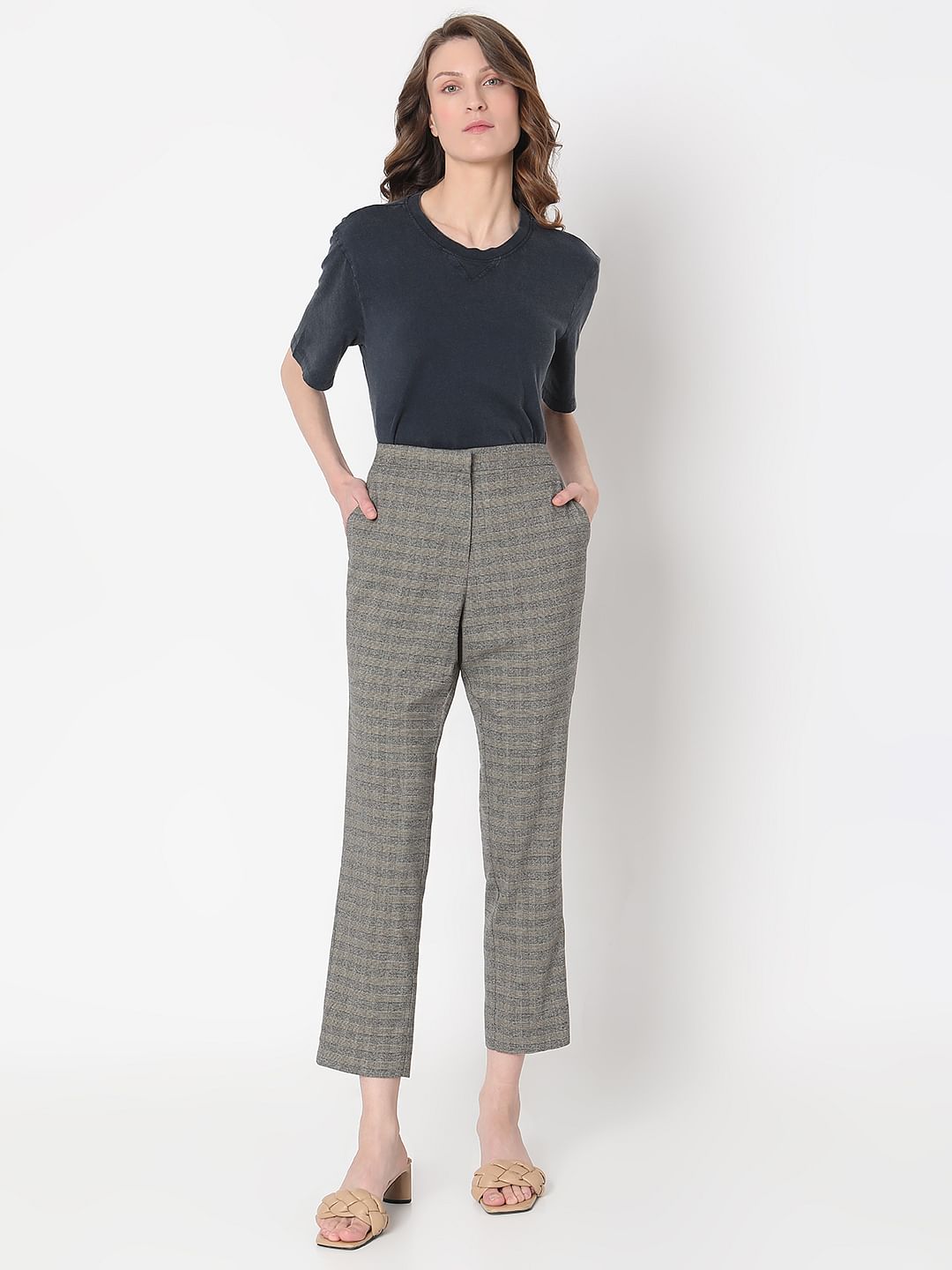 Grey & Yellow Mid Rise Check Pants