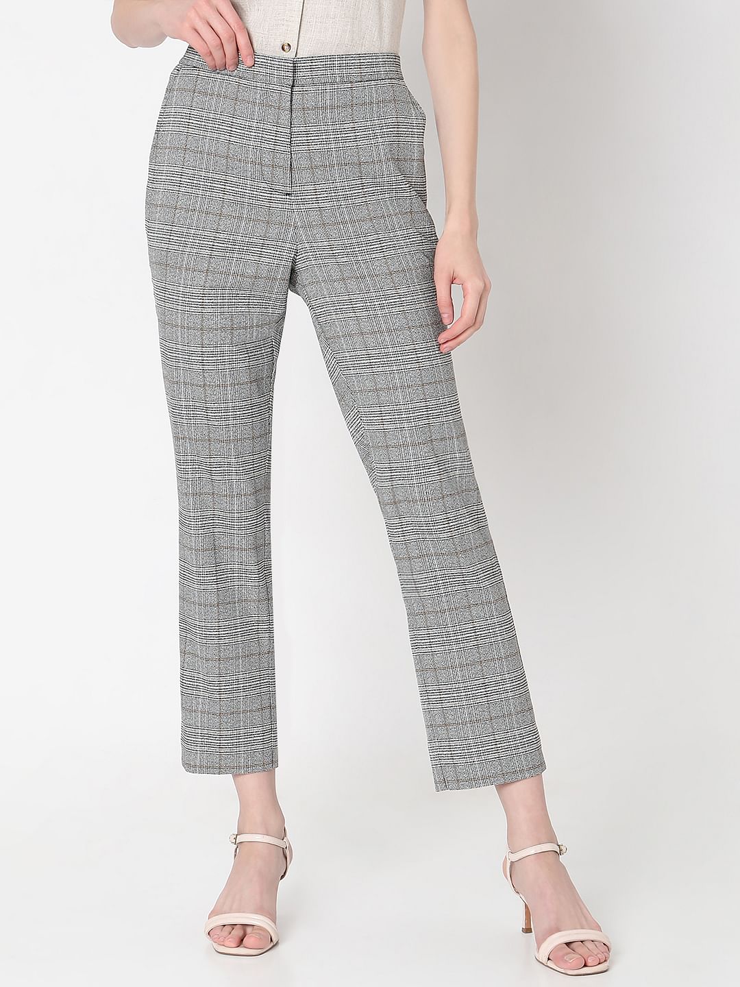 Grey Mid Rise Check Pants