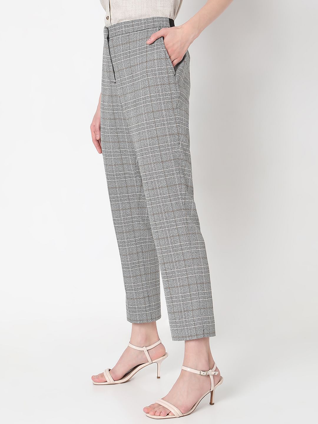 Grey Mid Rise Check Pants