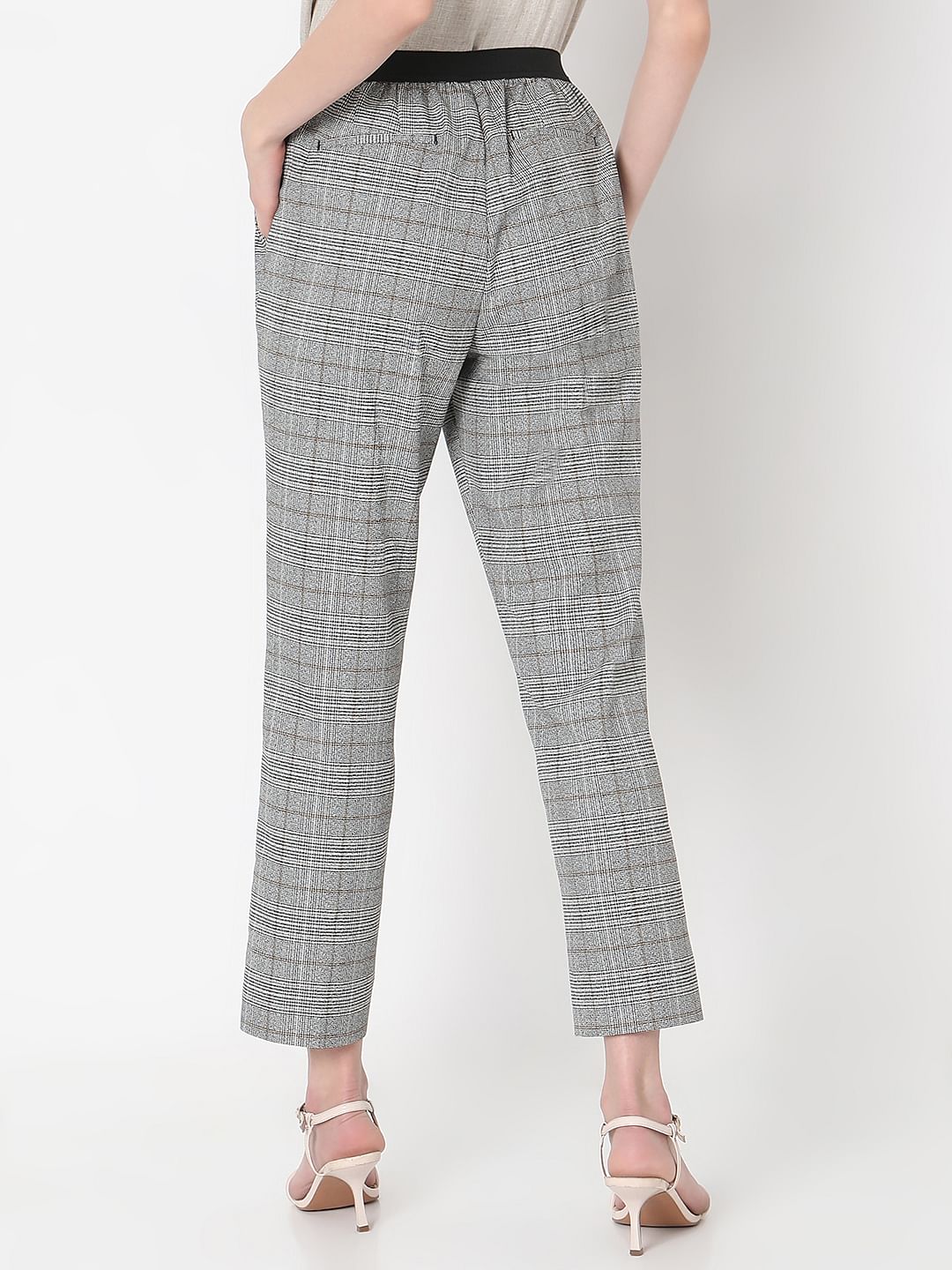 Grey Mid Rise Check Pants