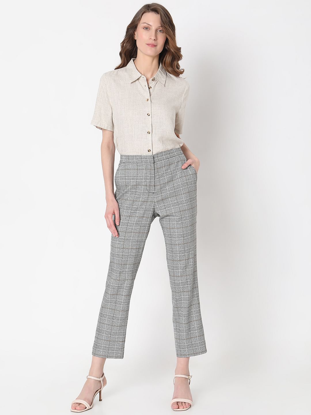 Grey Mid Rise Check Pants