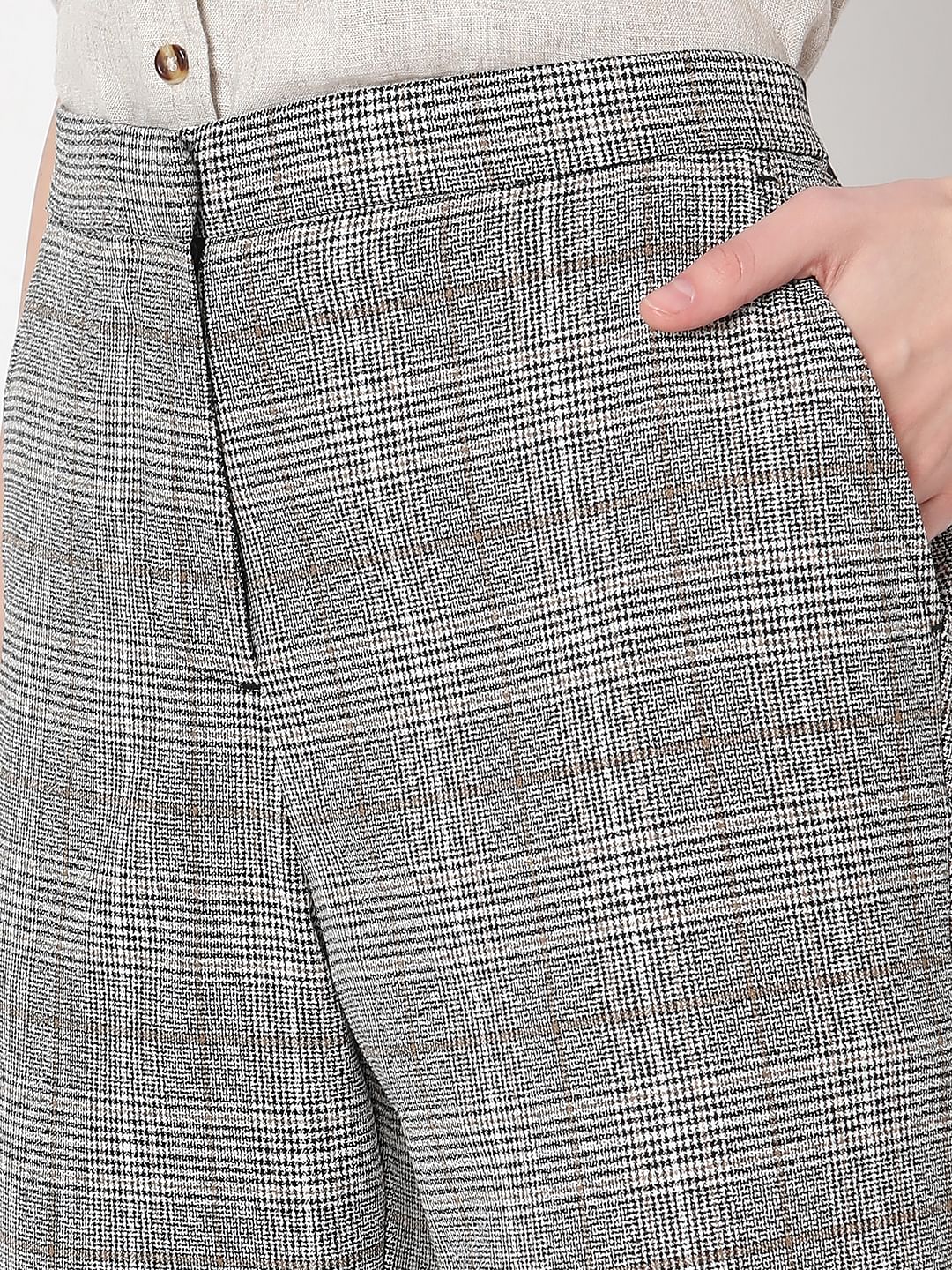 Grey Mid Rise Check Pants