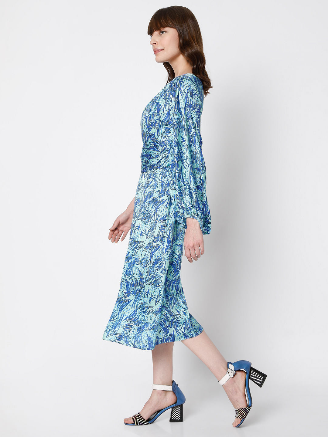 Blue Abstract Print Midi Dress
