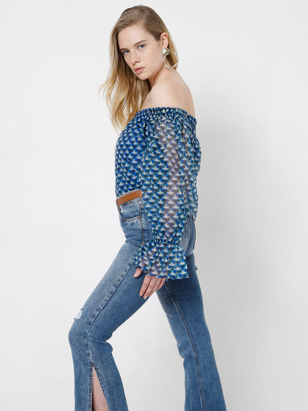 Blue Printed Off Shoulder Top