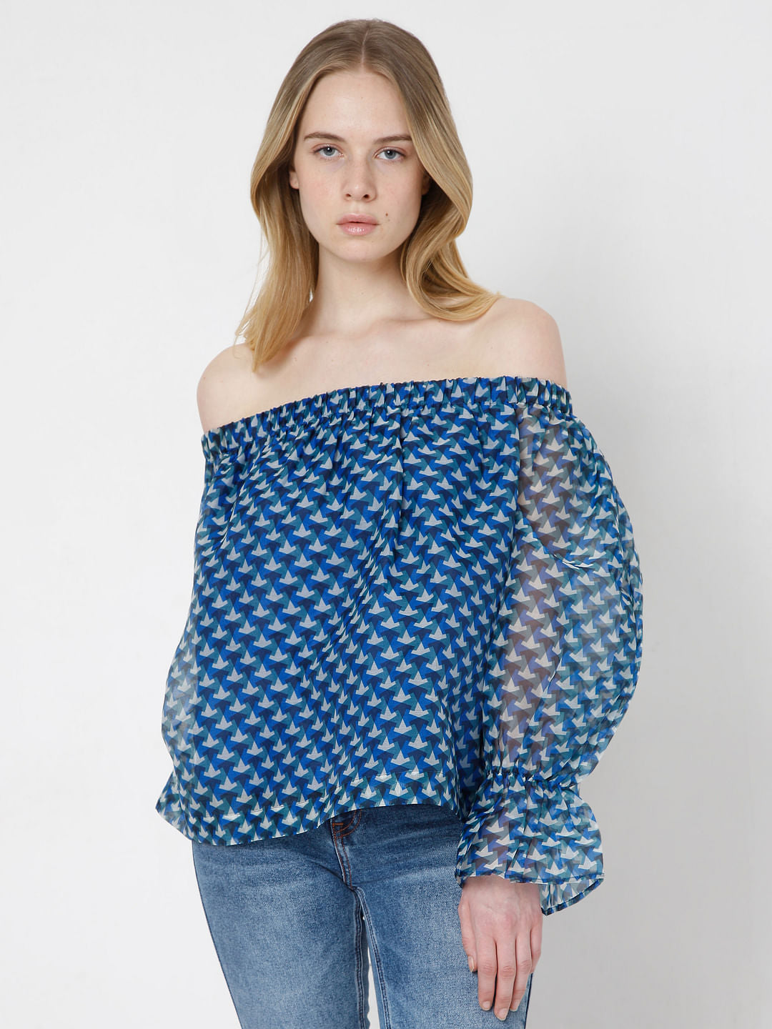 Blue Printed Off Shoulder Top