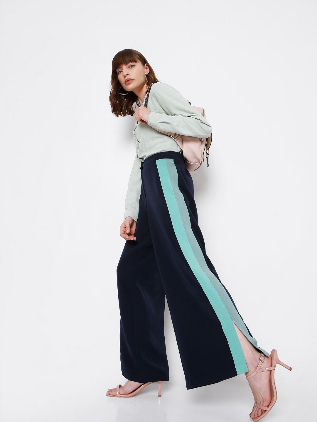 Blue Colourblocked Wide Leg Pants