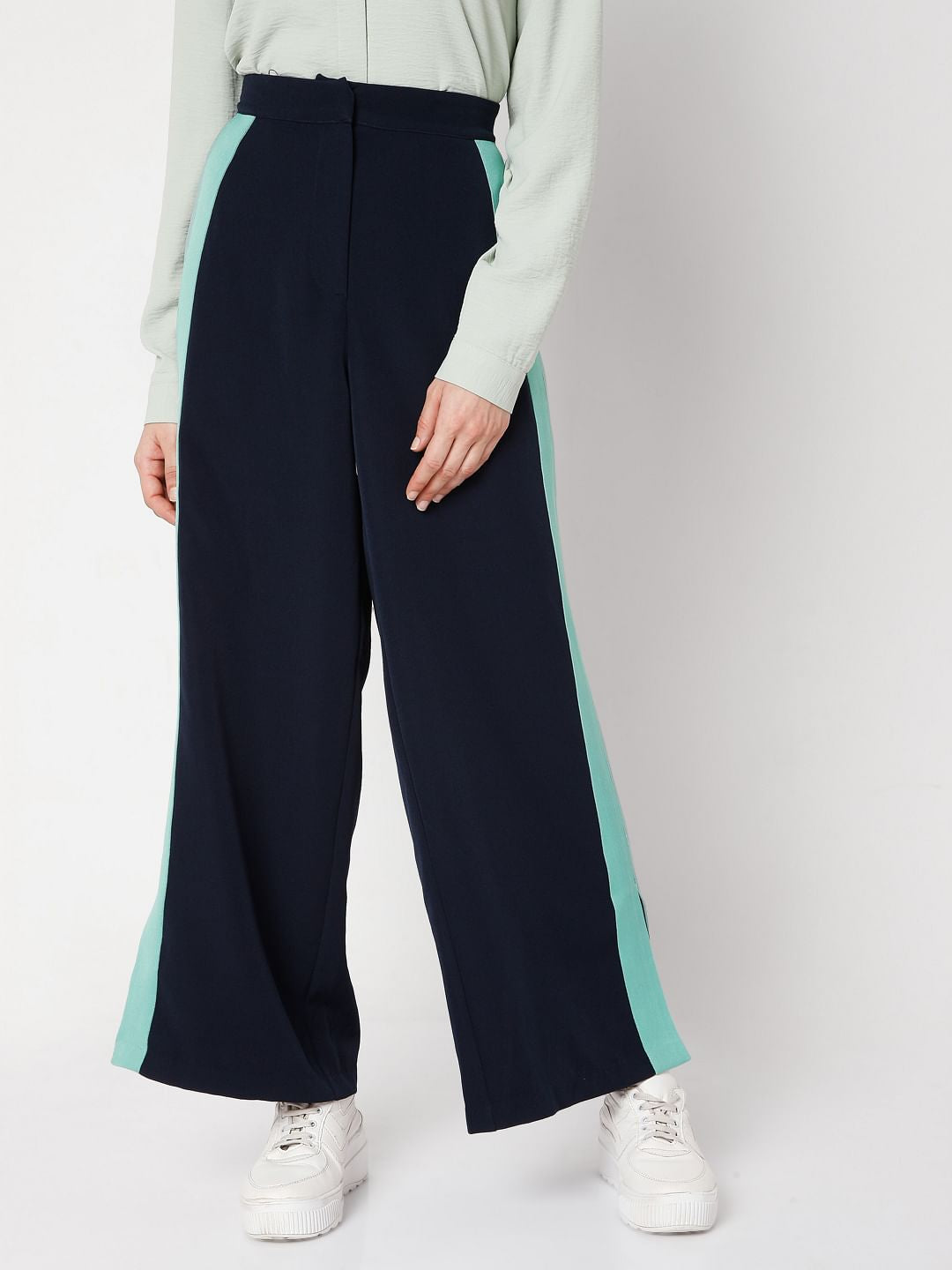 Blue Colourblocked Wide Leg Pants