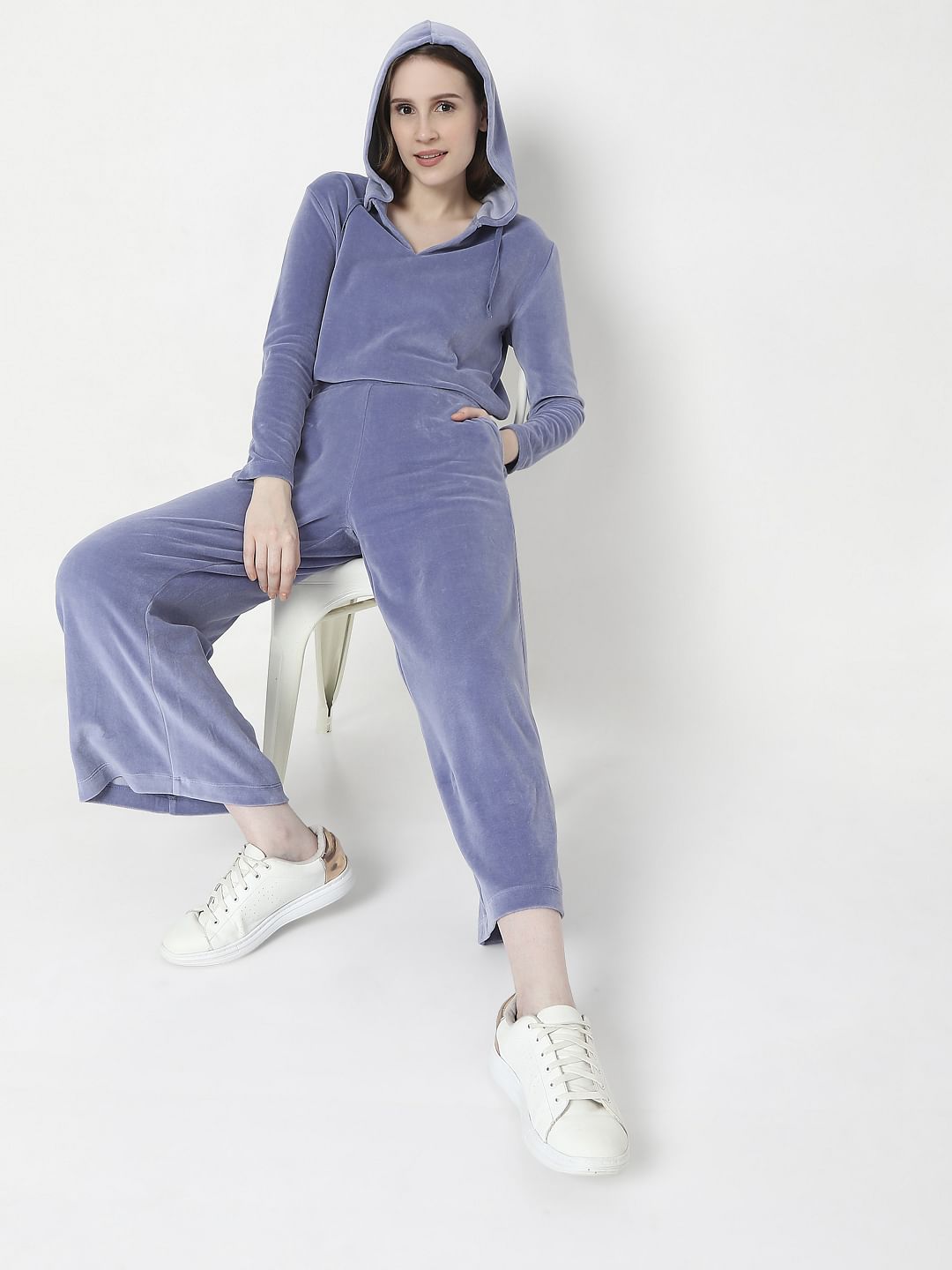 Blue High Rise Velvet Co-Ord Pants