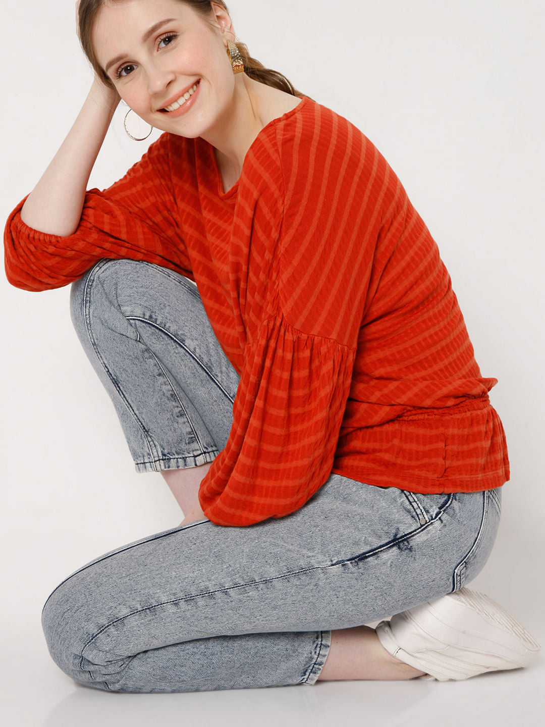 Red Textured Drop Shoulder Top