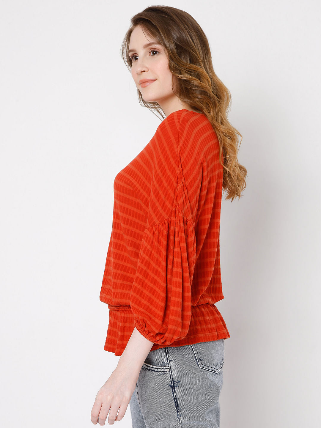 Red Textured Drop Shoulder Top
