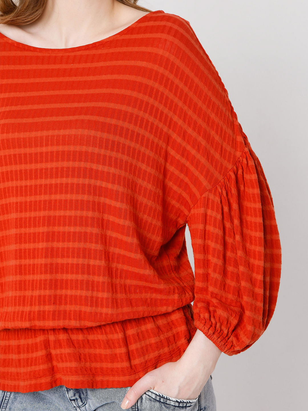Red Textured Drop Shoulder Top