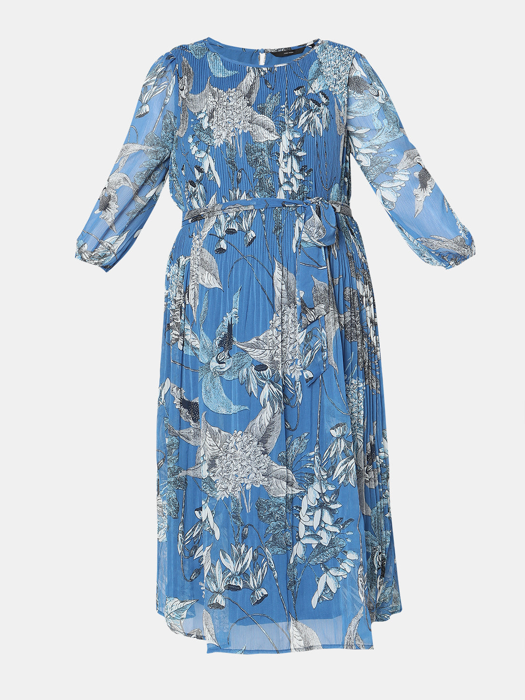 Blue Printed Pleated Dress