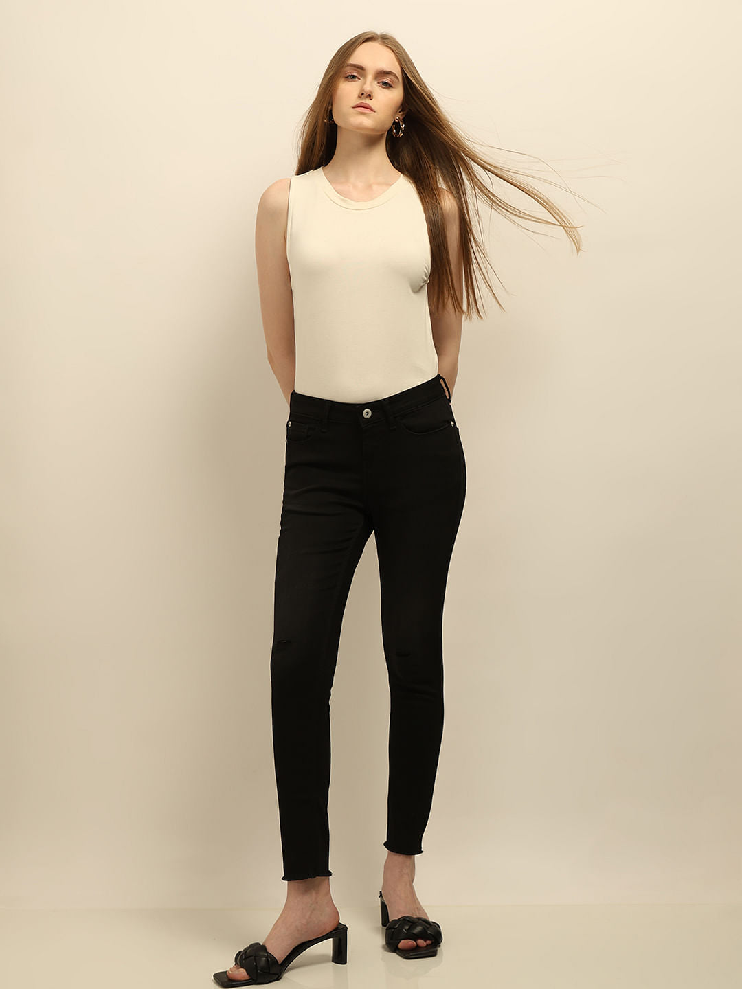 Black Mid Rise Distressed Skinny Jeans