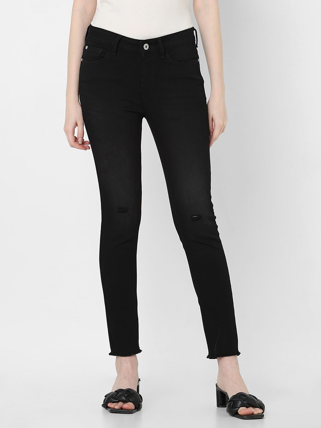 Black Mid Rise Distressed Skinny Jeans