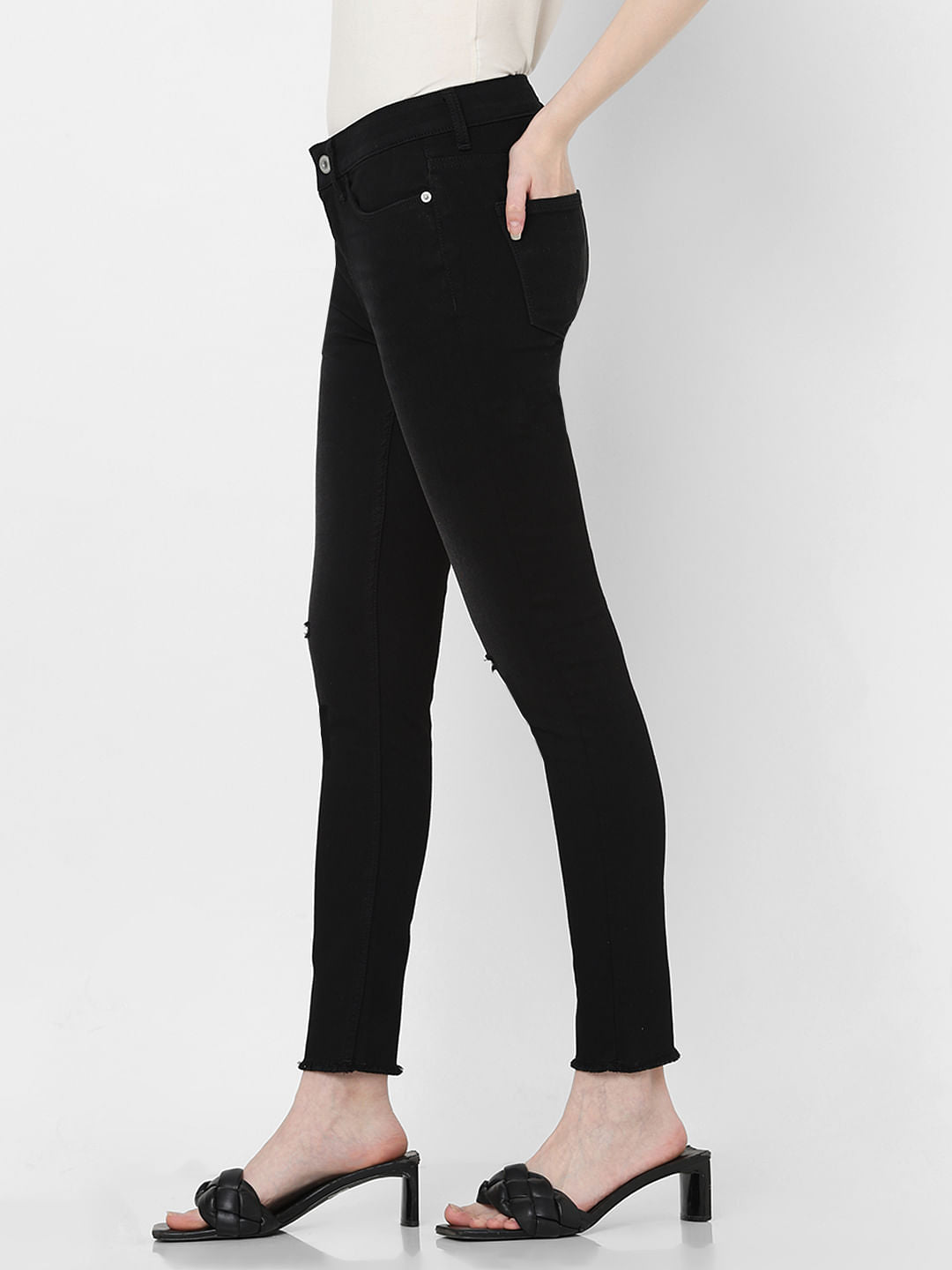 Black Mid Rise Distressed Skinny Jeans