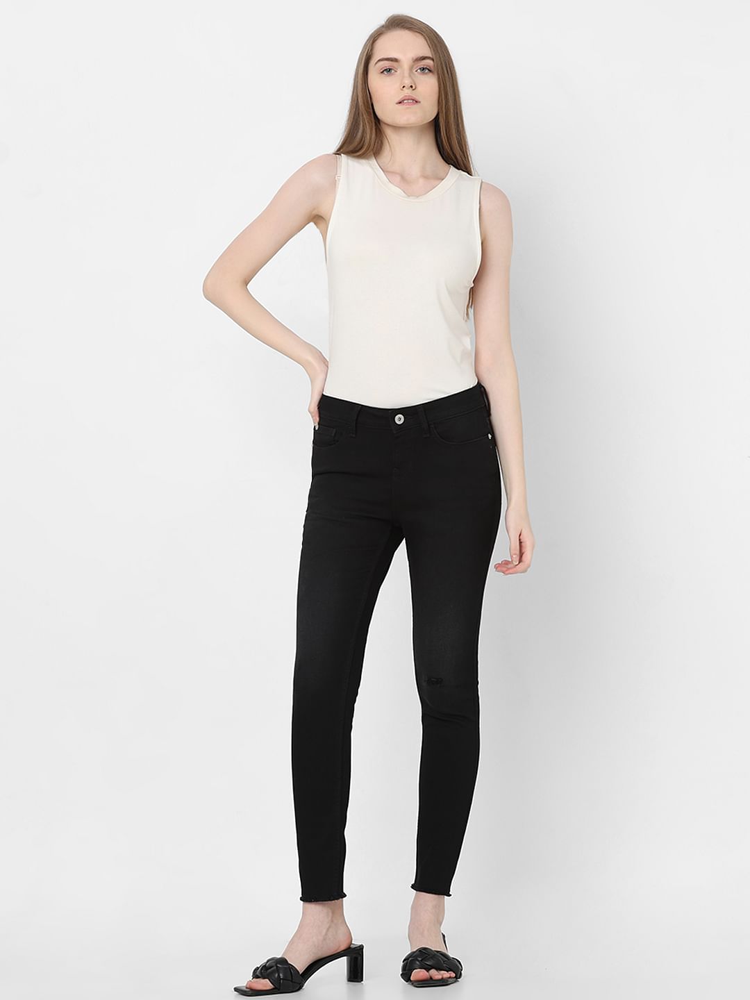 Black Mid Rise Distressed Skinny Jeans