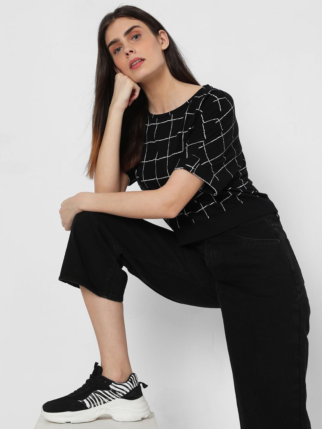 Black Grid Print Top