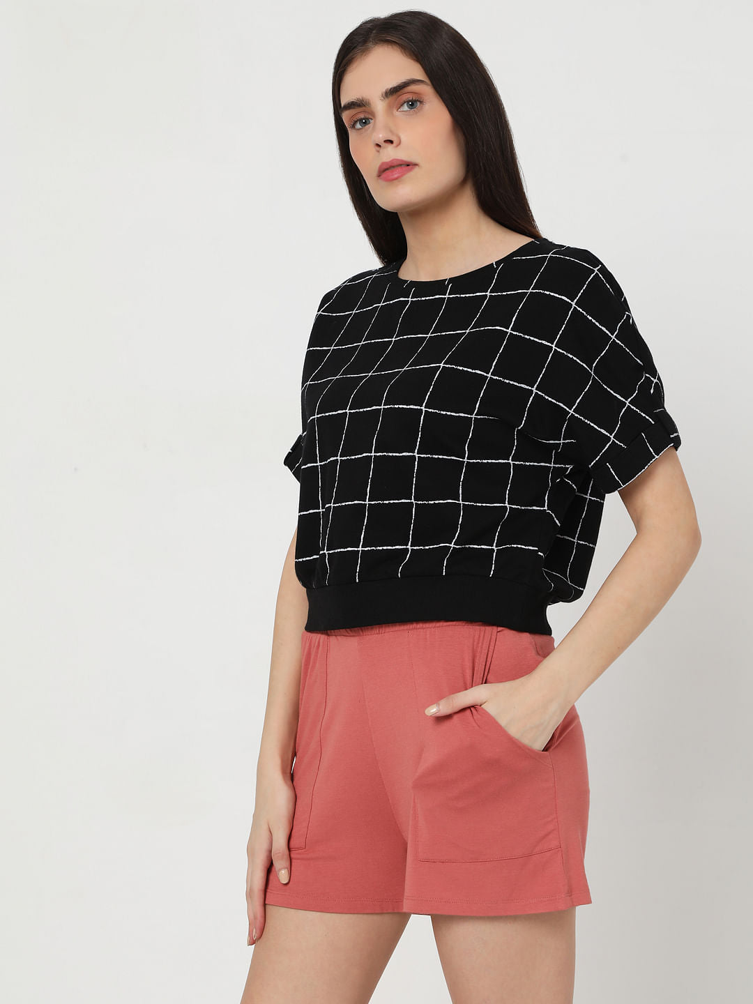 Black Grid Print Top