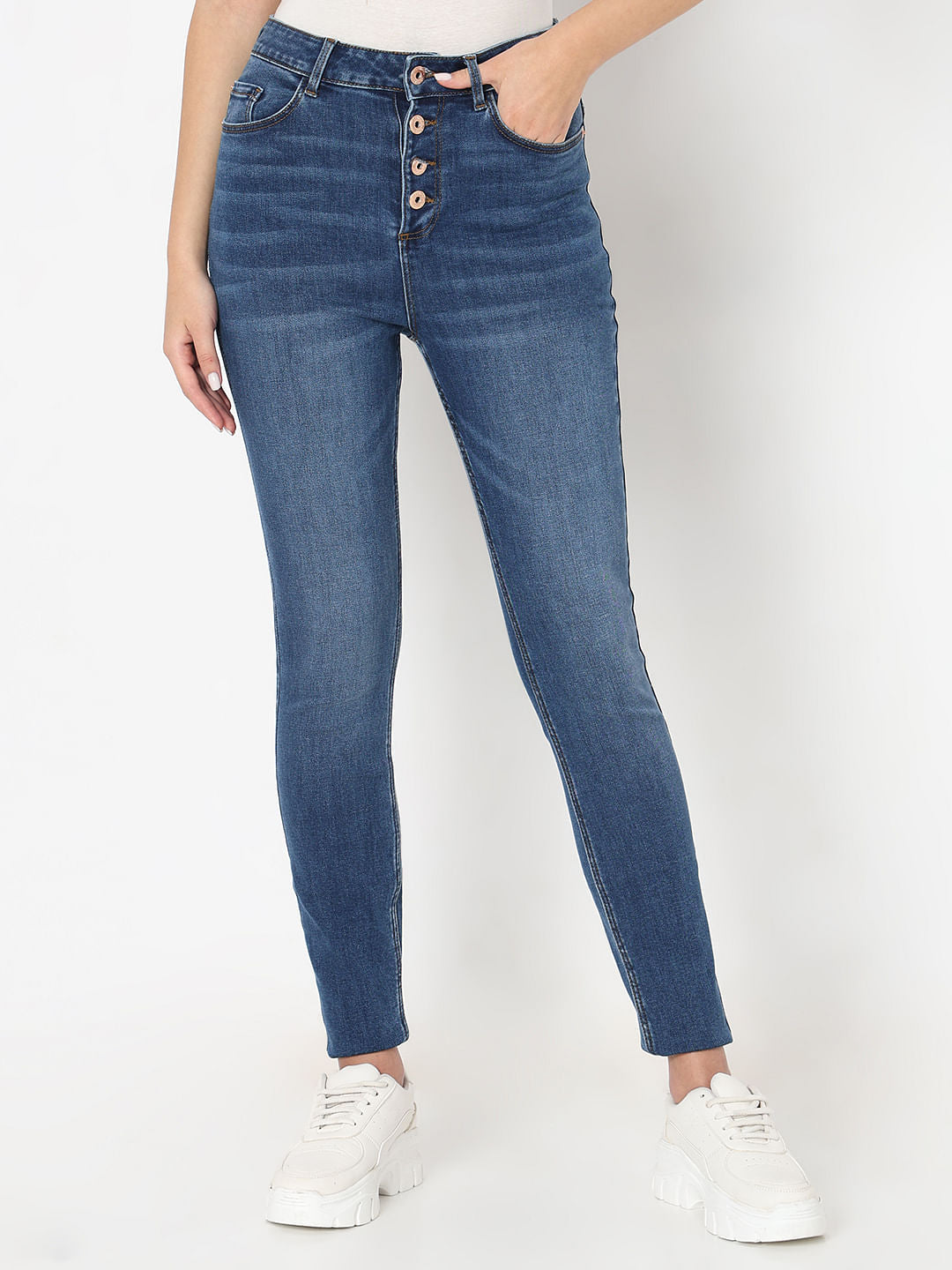 Blue High Rise Buttoned Wendy Skinny Jeans
