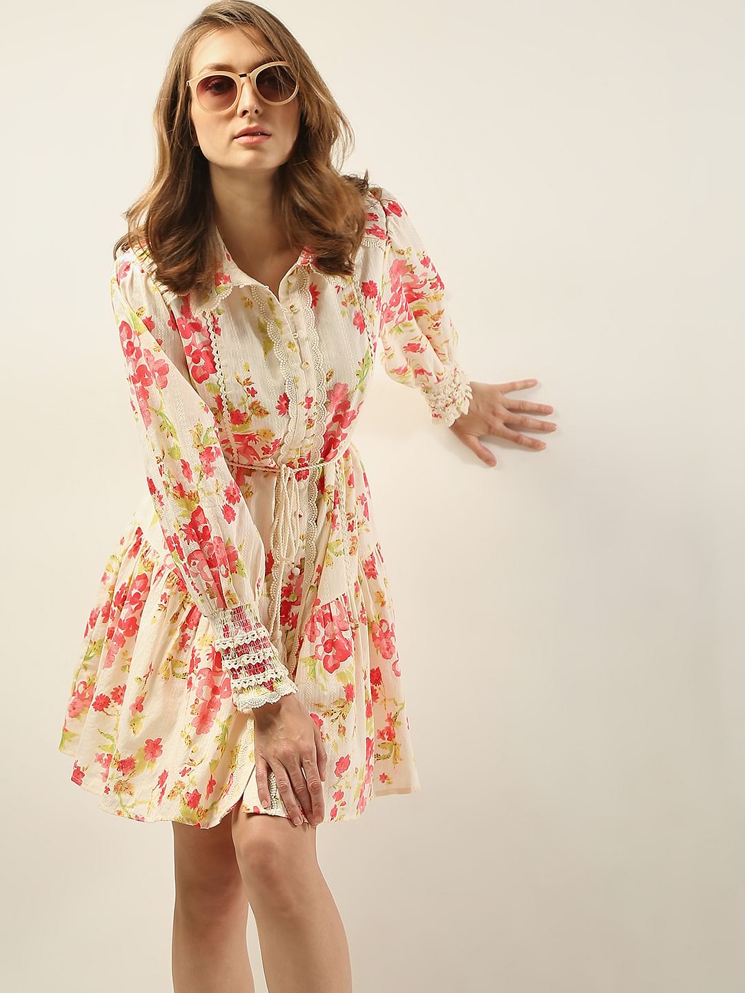Pink Floral Print Shirt Dress