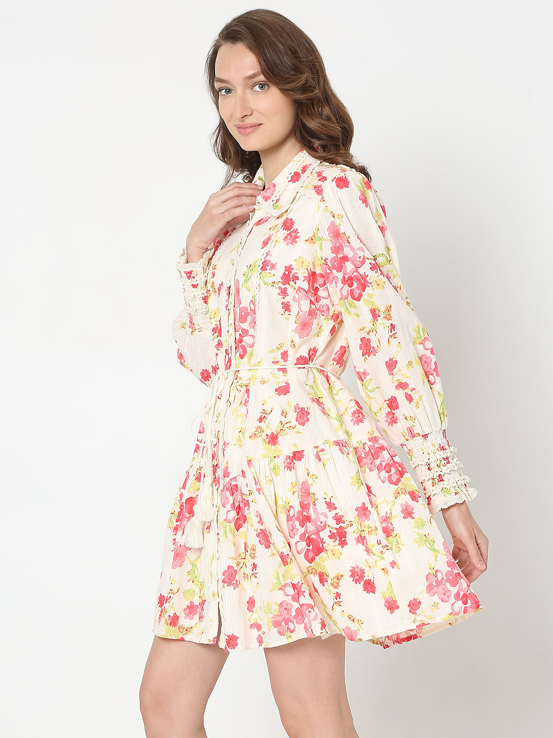 Pink Floral Print Shirt Dress