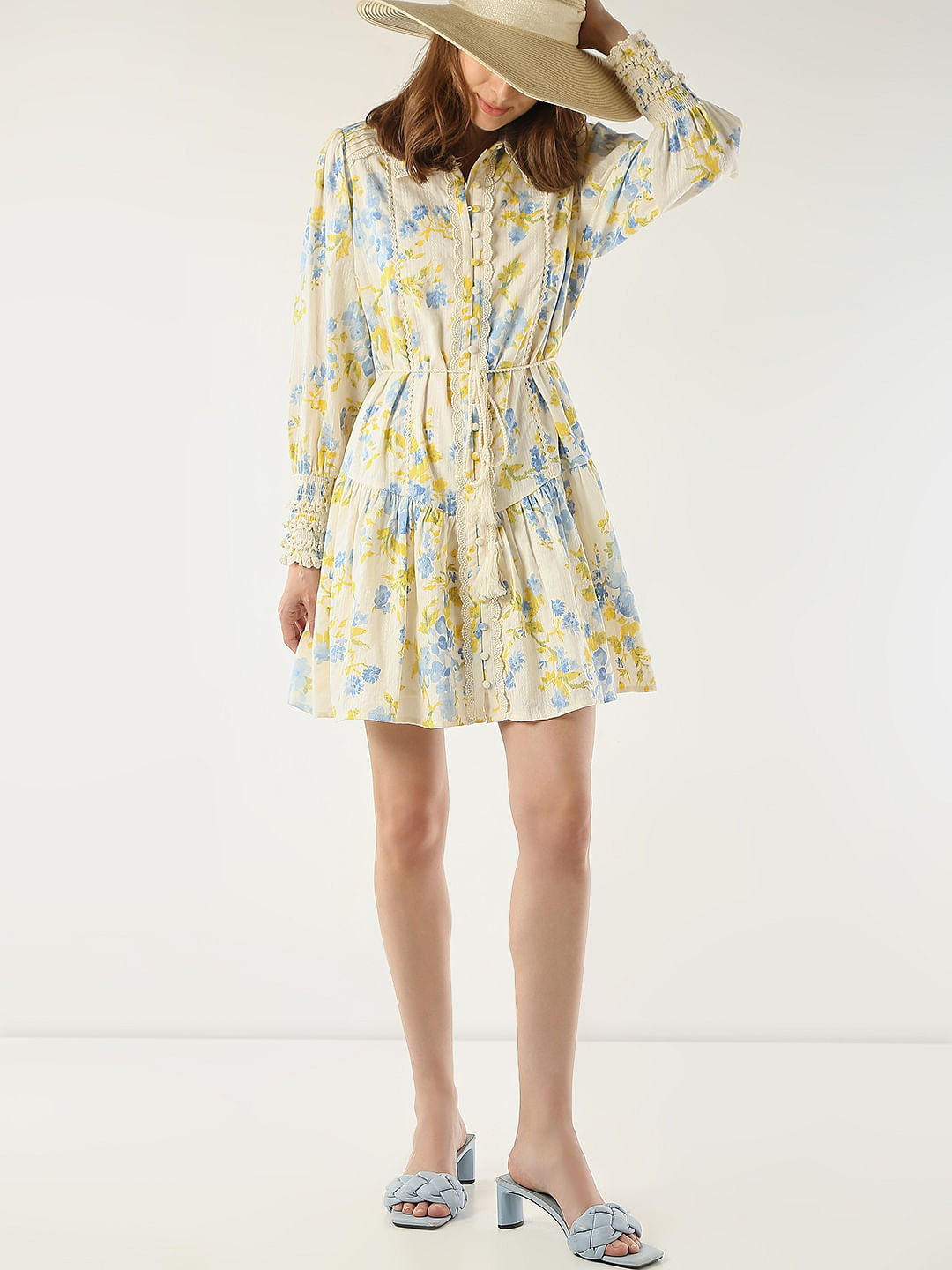 Yellow & Blue Floral Print Shirt Dress