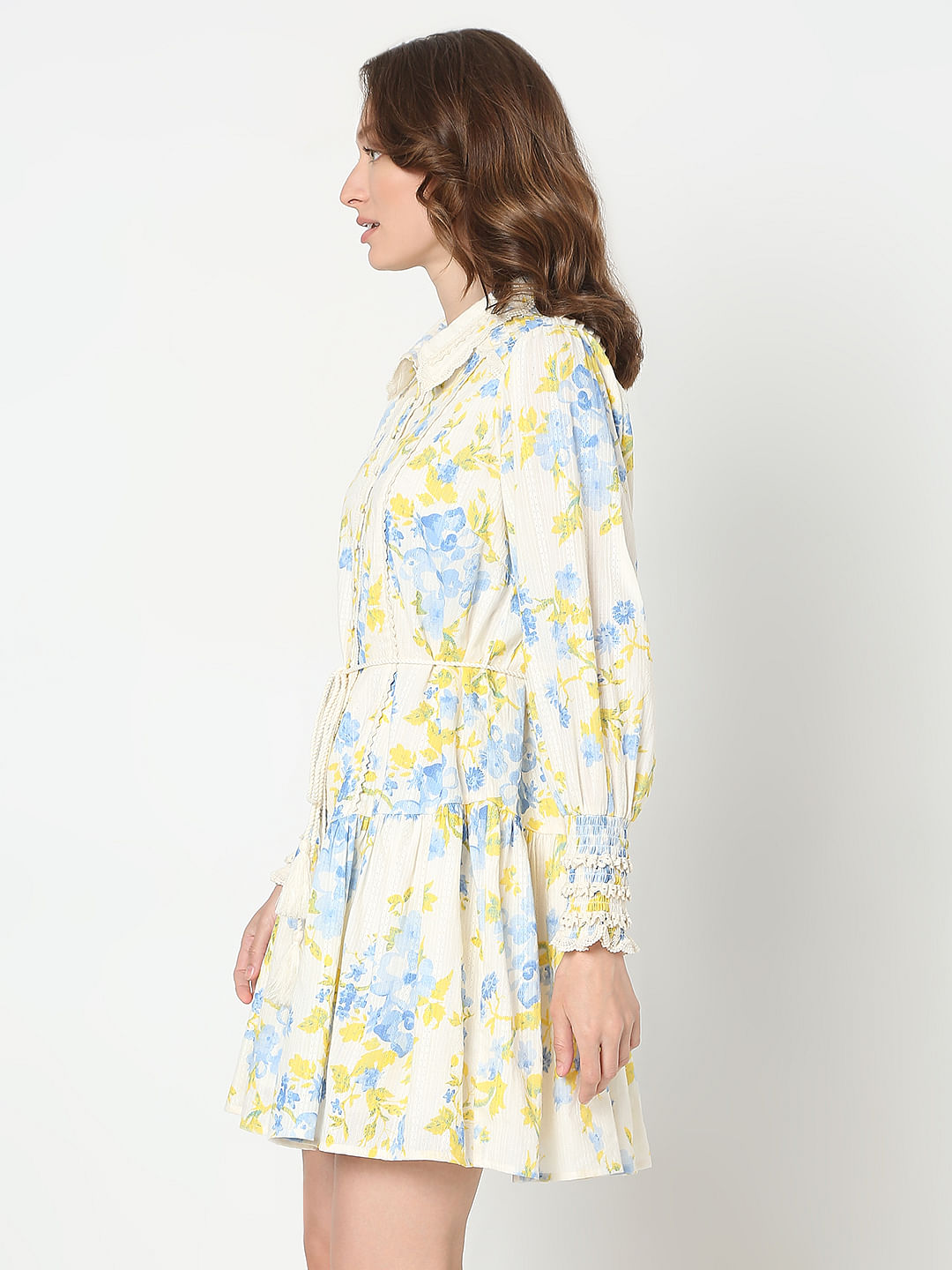 Yellow & Blue Floral Print Shirt Dress