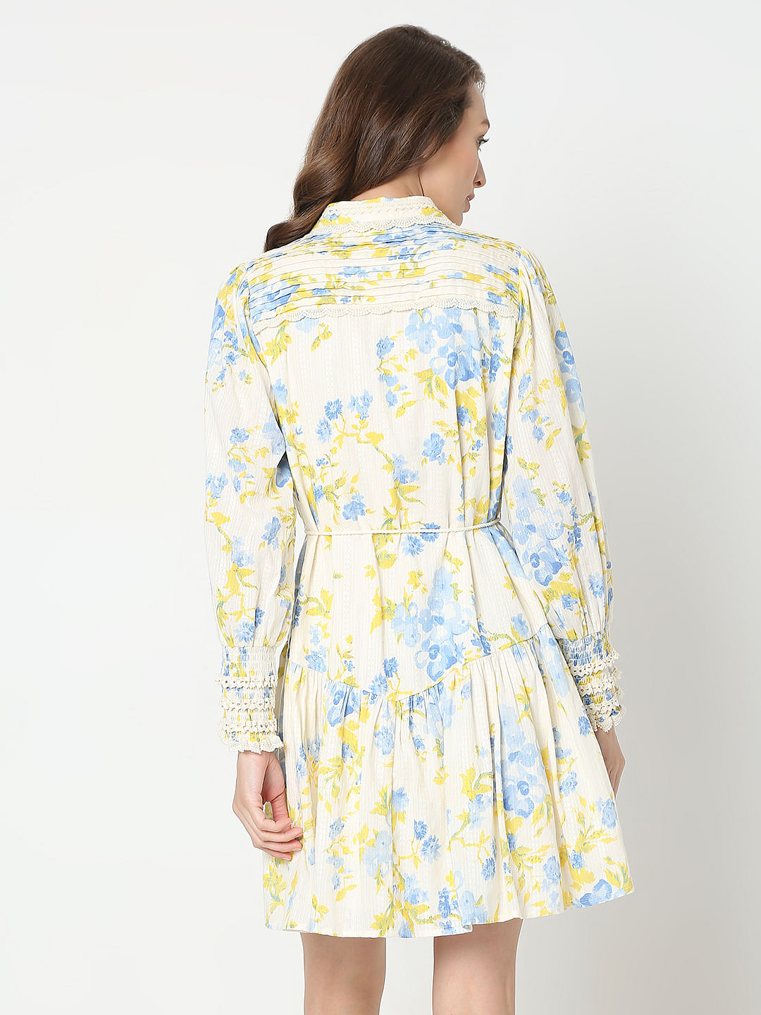 Yellow & Blue Floral Print Shirt Dress
