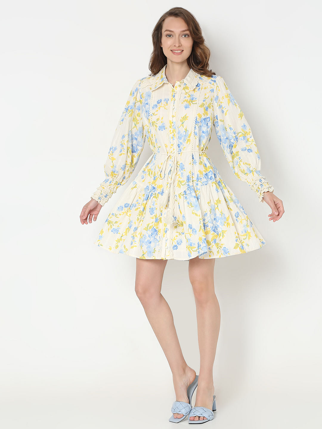 Yellow & Blue Floral Print Shirt Dress