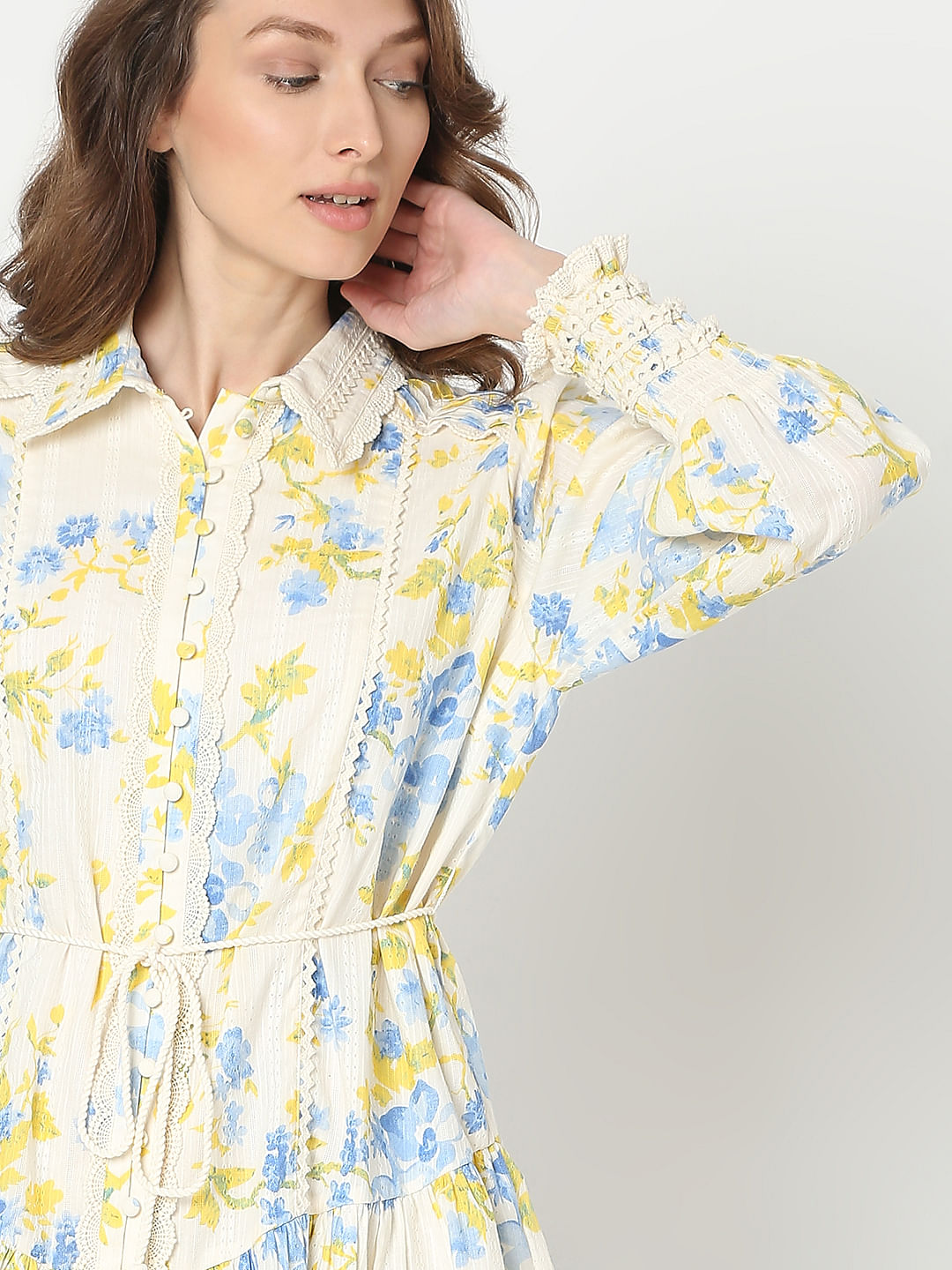 Yellow & Blue Floral Print Shirt Dress