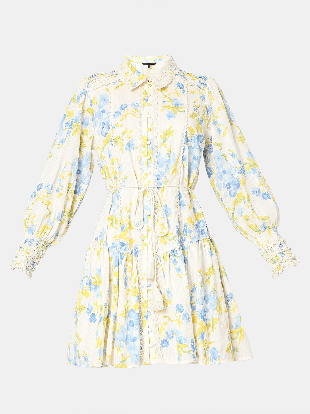 Yellow & Blue Floral Print Shirt Dress