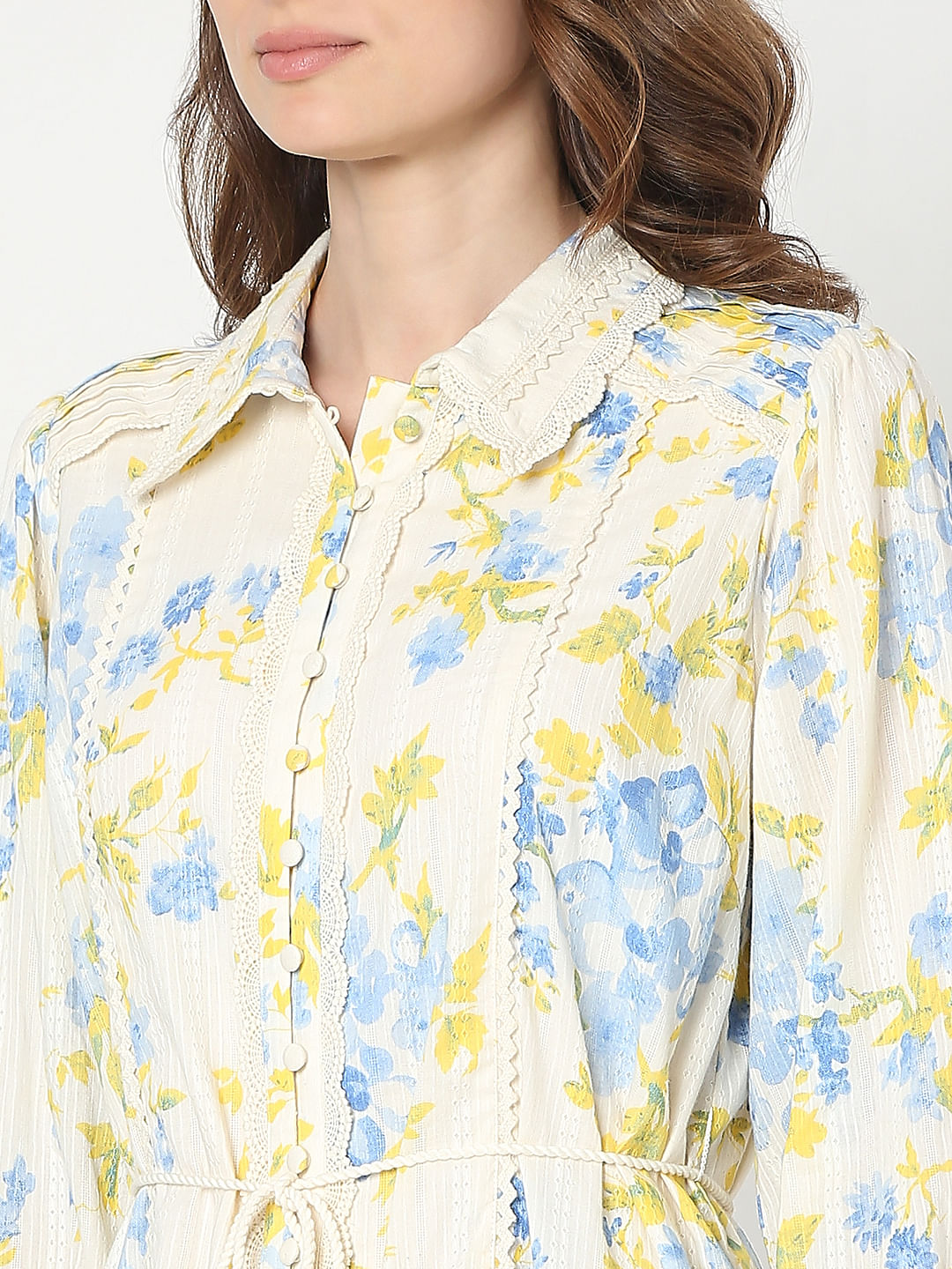 Yellow & Blue Floral Print Shirt Dress