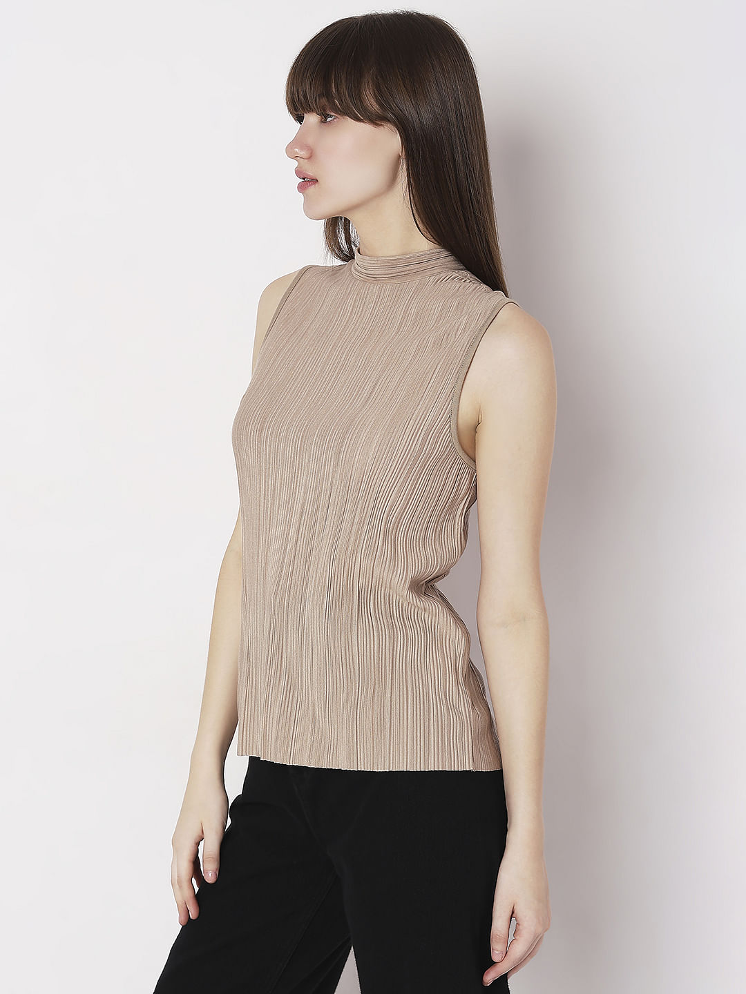 Beige Plisse Top