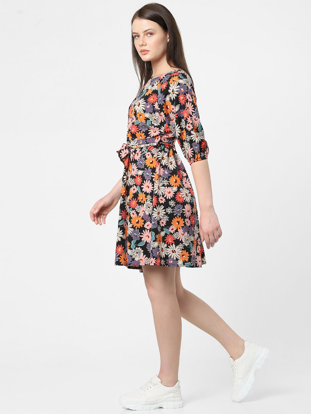 Black Floral Print Shift Dress