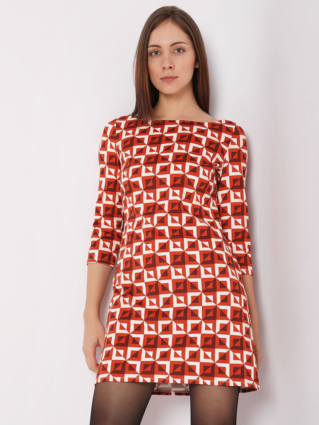 Red Printed Mini Shift Dress