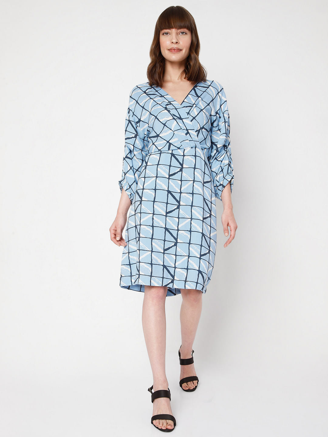 Blue Checked Wrap Dress